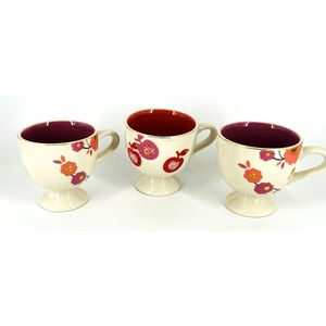 3 Anthropologie Pedestal Mugs Cups Mauves on Ivory 8 Oz 3.5" tall Floral & Fruit